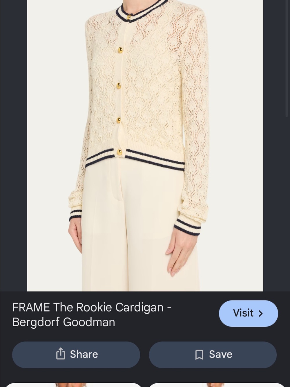 Frame Denim Cream Knit Cardigan with Navy Trim and Gold Buttons - Picture 8 of 8